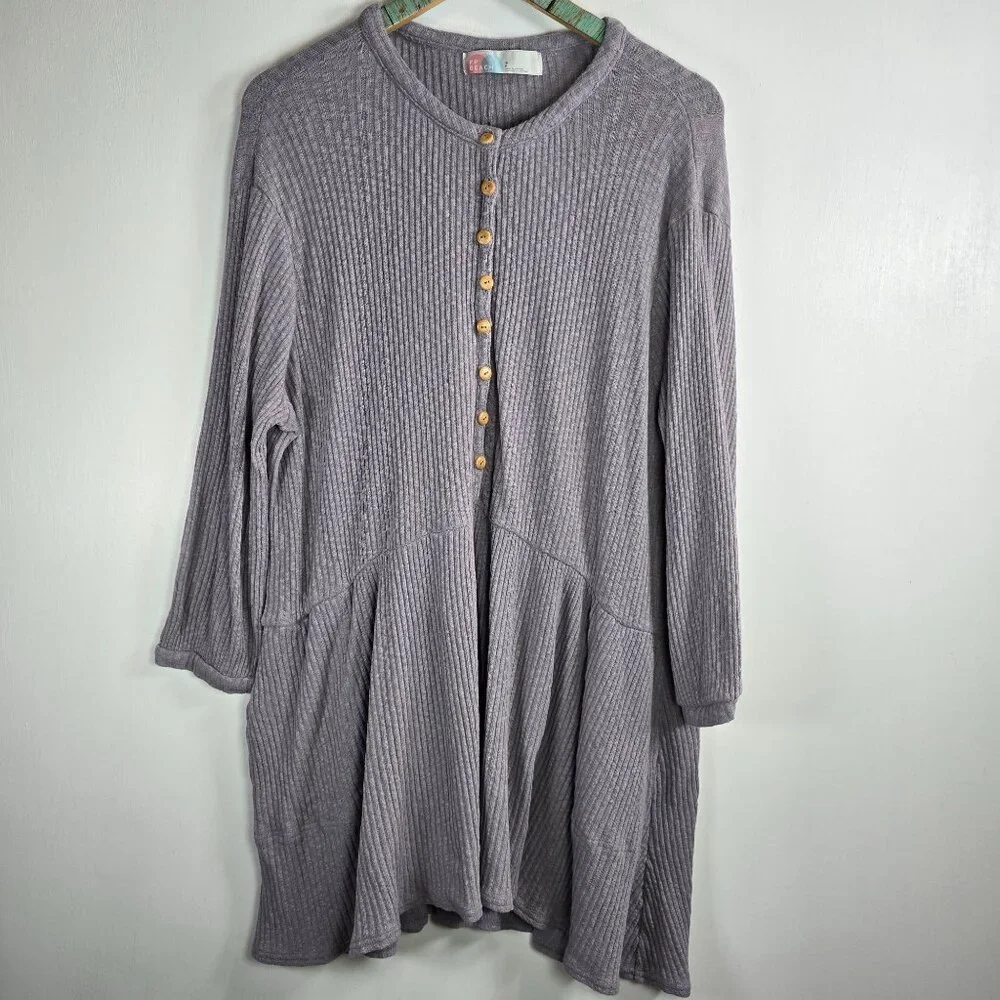 Free People Beach Oversized Assym, Thermal Waffle Knit 3/4 Length Slv Top, Lg - Picture 2 of 7